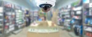 CCTV security panorama with shop store blurry background.